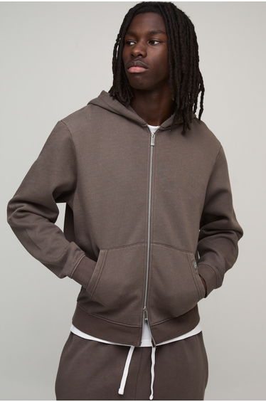 Essential Washed Boxy Zip Through Hoodie - chocolate