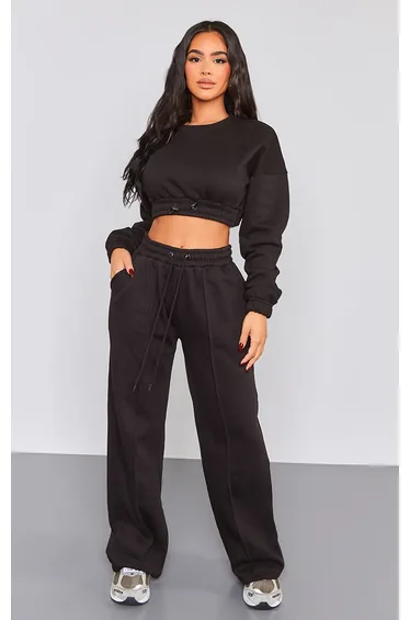 Petite Black Wide Leg Seam Detailed Joggers