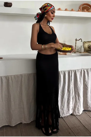 Black Acrylic Halter Neck Sleeveless Crop Set