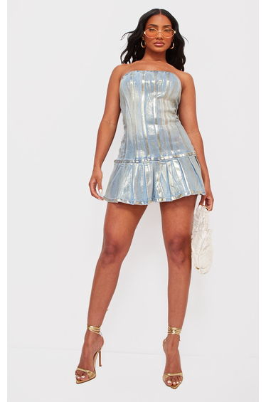 Gold Metallic Coated Denim Bandeau Skater Dress