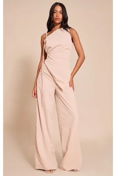 Tall Cream Woven One Shoulder Wide Leg Jumpsuit