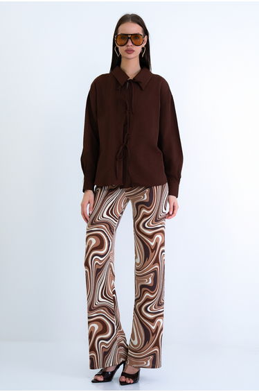 Women's Brown Shirt with Collar and Tie Front Detail Poplin Blouse