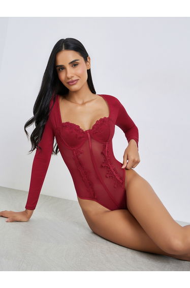 Burgundy Lace and Mesh Bodysuit