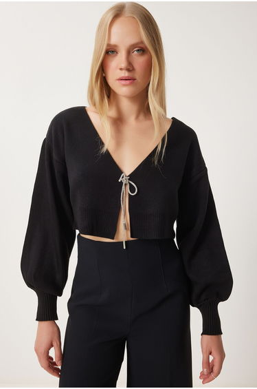 Women's Black Stoned Bow Tied Crop Knitwear Cardigan