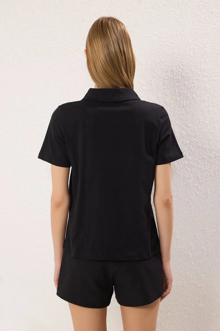 Black Polo Collar with Stone Detail Regular Pattern Knitted T-Shirt - 3