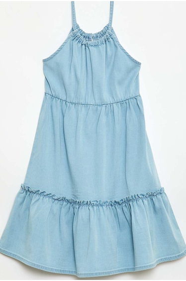 Plain dress with straps and ruffles BLUE