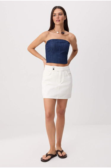 Ecru Waist Detailed 100% Cotton Denim Short Skirt