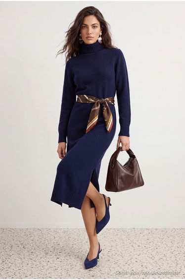 Navy Blue Midi Wide Fit Soft Textured Knitwear Dress