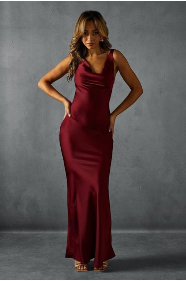 Premium Satin Cowl Neck Fishtail Maxi Dress