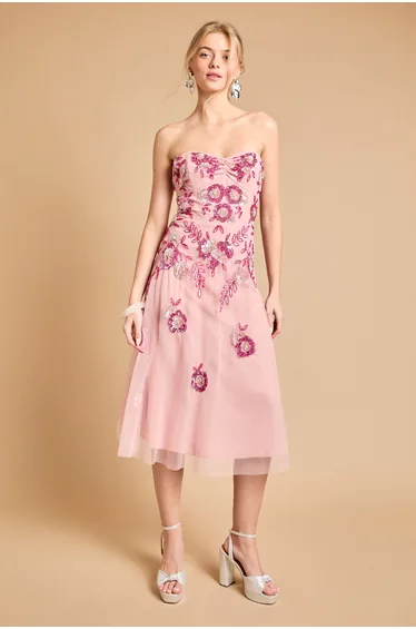 Premium Trailing Floral Embellished Bandeau Midi Dress