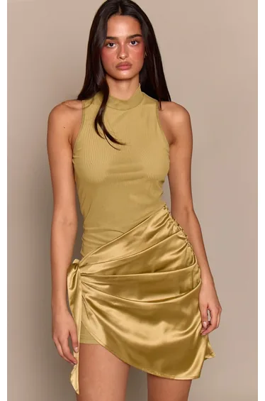 Chartreuse Woven High Neck Satin Drape Mini Dress