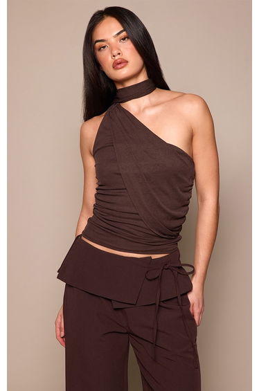 Chocolate Burnout Mesh Ruched Waist Scarf Detail Top