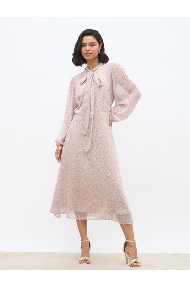Women Floral Print Long Sleeves Midi Dress