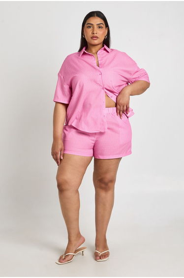 Plus Stripe Elasticated Waist Short - pink