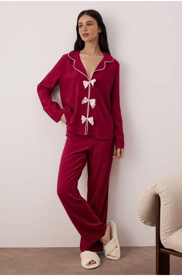 Dark burgundy viscose plain shally woven pajama set