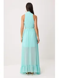 Water Green Woven Chiffon Lined Belt Detail Maxi Evening Dress & Graduation Dress - 3