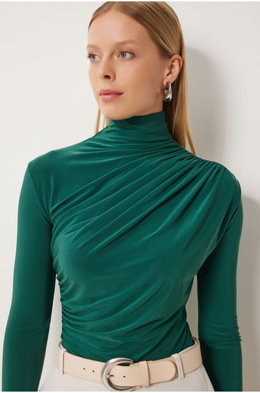 Women's Emerald Green Gather Detailed Stand Collar Sandy Top