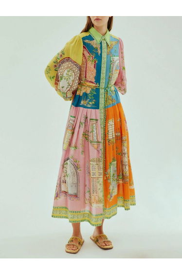 Exquisite Garden Print Button-down Midi Dress
