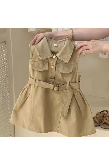 Toddler Khaki Sleeveless Dress with Belt