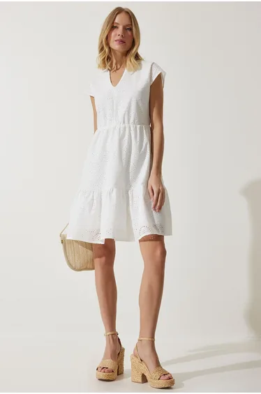 Women's White V-Neck Scalloped Flared Dress