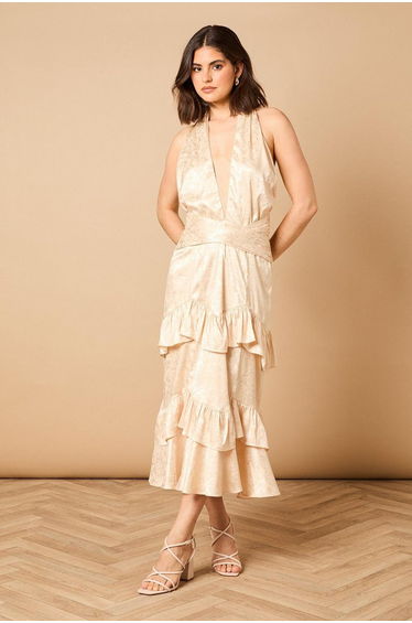 Halterneck Satin Jacquard Midi Dress