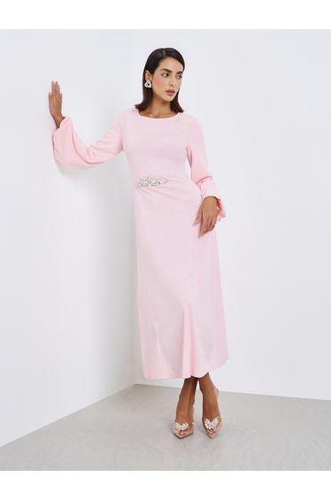 Women Pink Embellished Waist Midi Dress