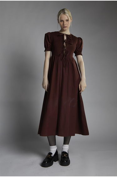 Burgundy Short-Puff-Sleeve-Tie-Front Maxi-Dress