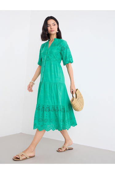 Women Green Schiffli Puff Sleeves Tiered Midi Dress
