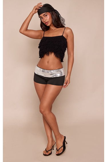 Petite Black Low Rise Sequin Waistband Hotpants