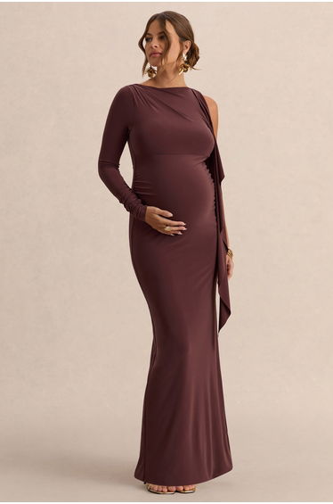 Emanuela | Dark Brown Boat-Neck Maternity Maxi Dress With Sash Detail