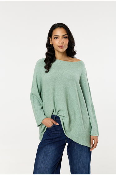 Light Green Off Shoulder Relaxed Knit Jumper
