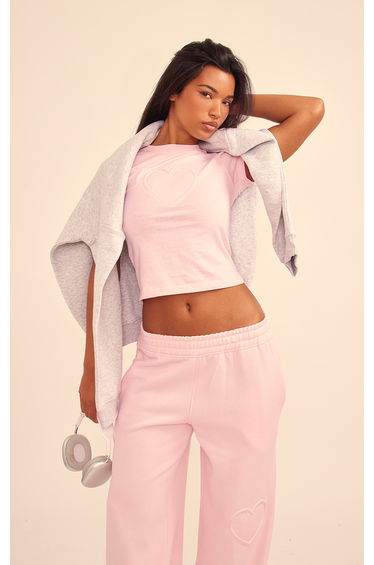 Baby Pink Heart Embossed Fitted T Shirt