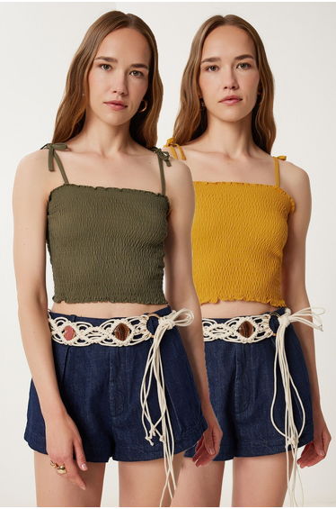 Women's Khaki Mustard 2 Pack Strap Flexible Crop Knitted Blouse