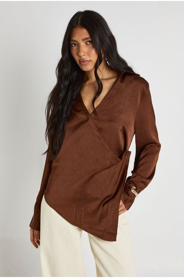 Tall Wrap Front Long Sleeve Top - espresso