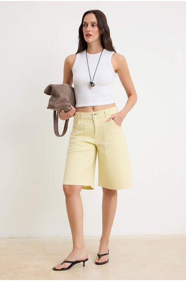 Ecru Pocket Detailed Regular Waist Denim Bermuda Shorts