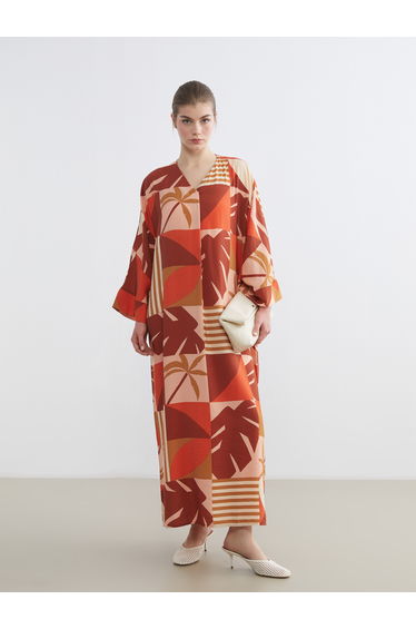V-Neck Patterned Long Dress