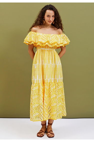 Off-Shoulder Tiered Ruffle Embroidered Eyelet Dress