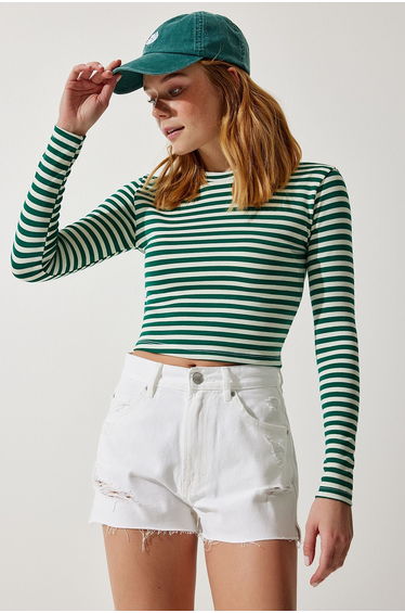 Women's Dark Green Crew Neck Striped Crop Knitted Blouse