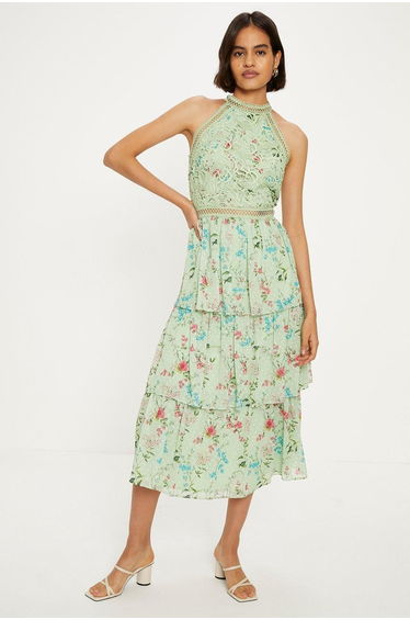 Soft Floral Lace Halter Neck Tiered Midi Dress
