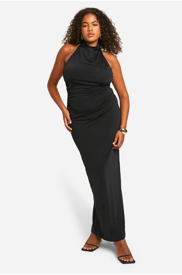 Plus Double Slinky Twist Back Detail Maxi Dress - black