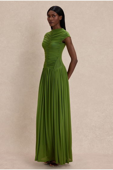 Gathering Solid Maxi Dress With Gloves