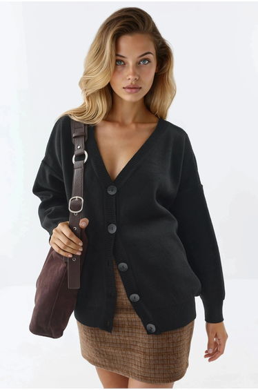MY FASHION Oversized Ribbed V-Neck Button Cardigan