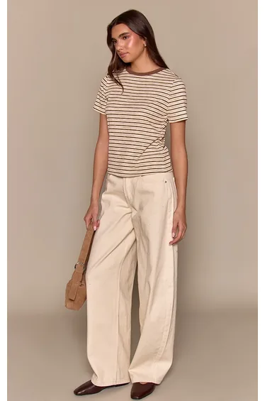 Light Brown Soft Rib Striped Detail  Fitted Short Sleeve Top