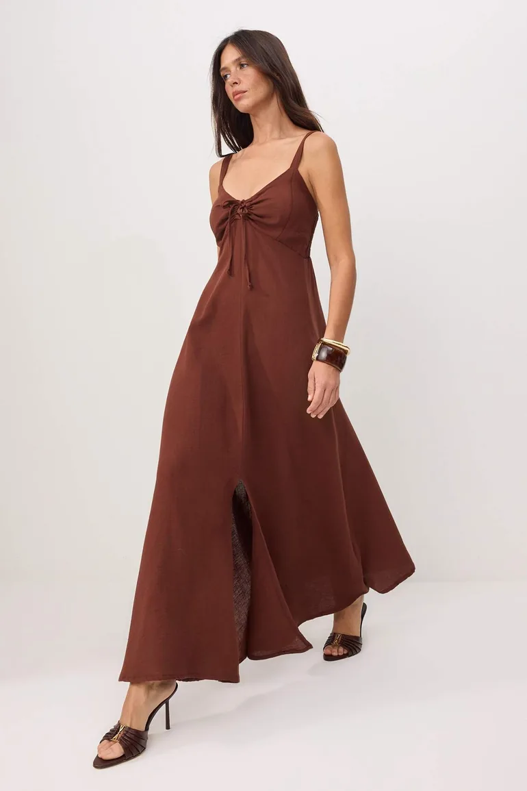 Light Brown Linen Cross Back Strap Maxi Woven Dress - 1