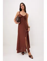 Light Brown Linen Cross Back Strap Maxi Woven Dress