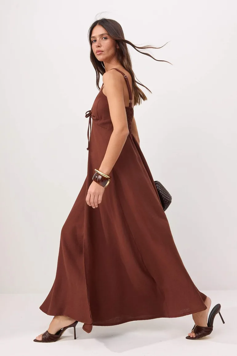 Light Brown Linen Cross Back Strap Maxi Woven Dress - 2