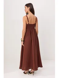 Light Brown Linen Cross Back Strap Maxi Woven Dress - 4