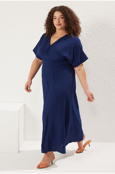 Navy Blue Crinkle Woven Plus Size Dress