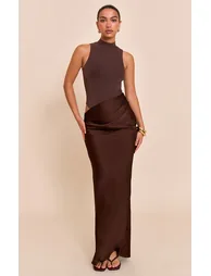 Chocolate Mesh Racer Satin Skirt Maxi Dress