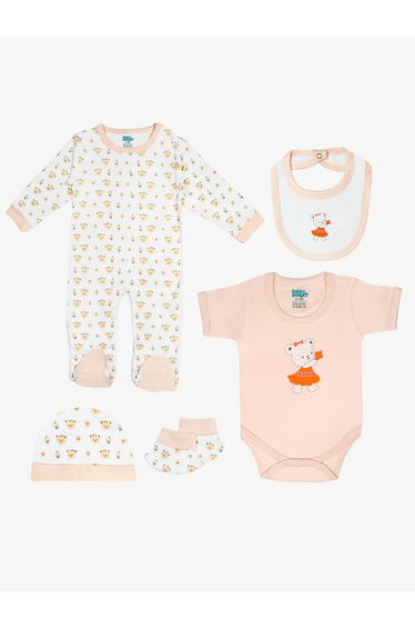 5-Piece 100% Cotton Bib, Romper, Mittens, Cap and Sleepsuit Set